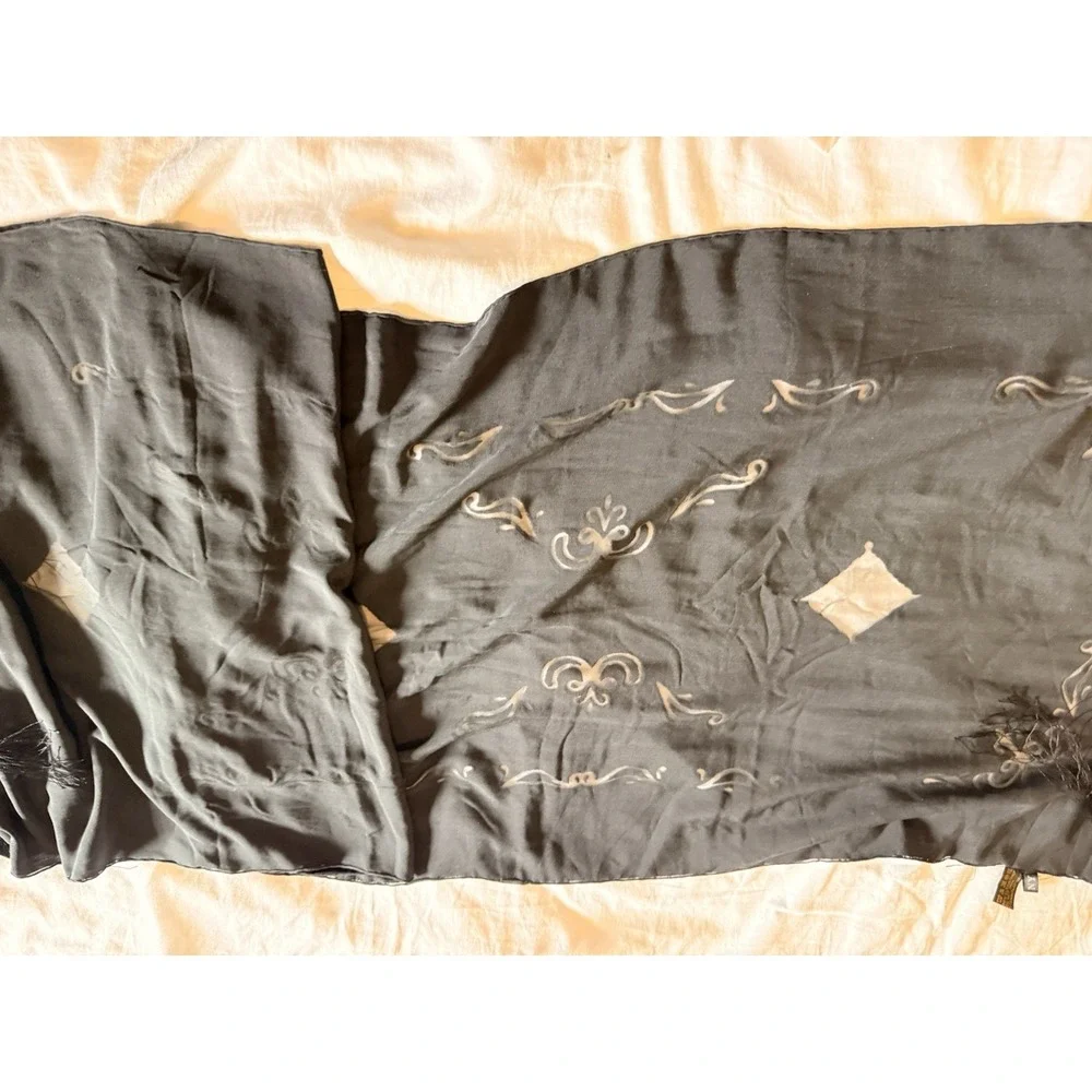 Vintage J & NY Viscose And Silk Black Brown Embroidered Scarf Fringe 64